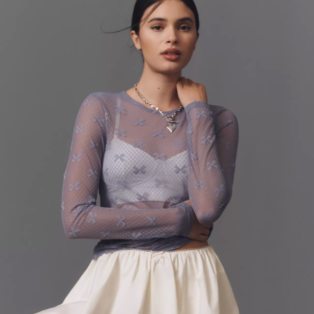 Anthropologie Long Sleeve Gray Novelty Bow Lace Top